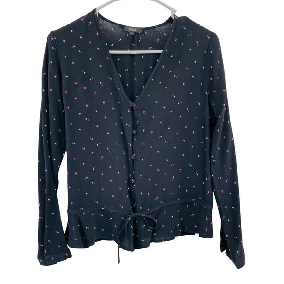 Rails Women's Top Beaux Blouse in Black Off Set Dot Long Sleeves Ruffle Hem Sz M - Picture 2 of 13